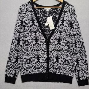 New York & Company Black Silver Floral Cardigan Sweater  XL‎ Cotton Damask Print